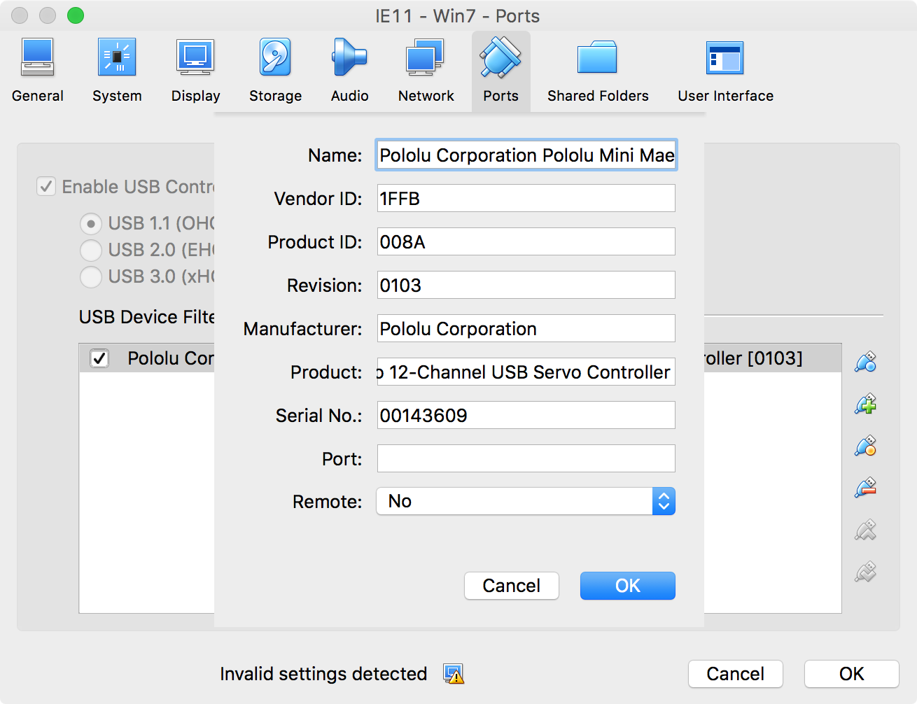 Creating a USB Device Filter in VirtualBox for the Pololu Mini Maestro