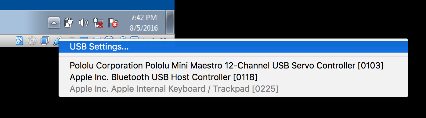 USB Settings option in VirtualBox shortcut menu