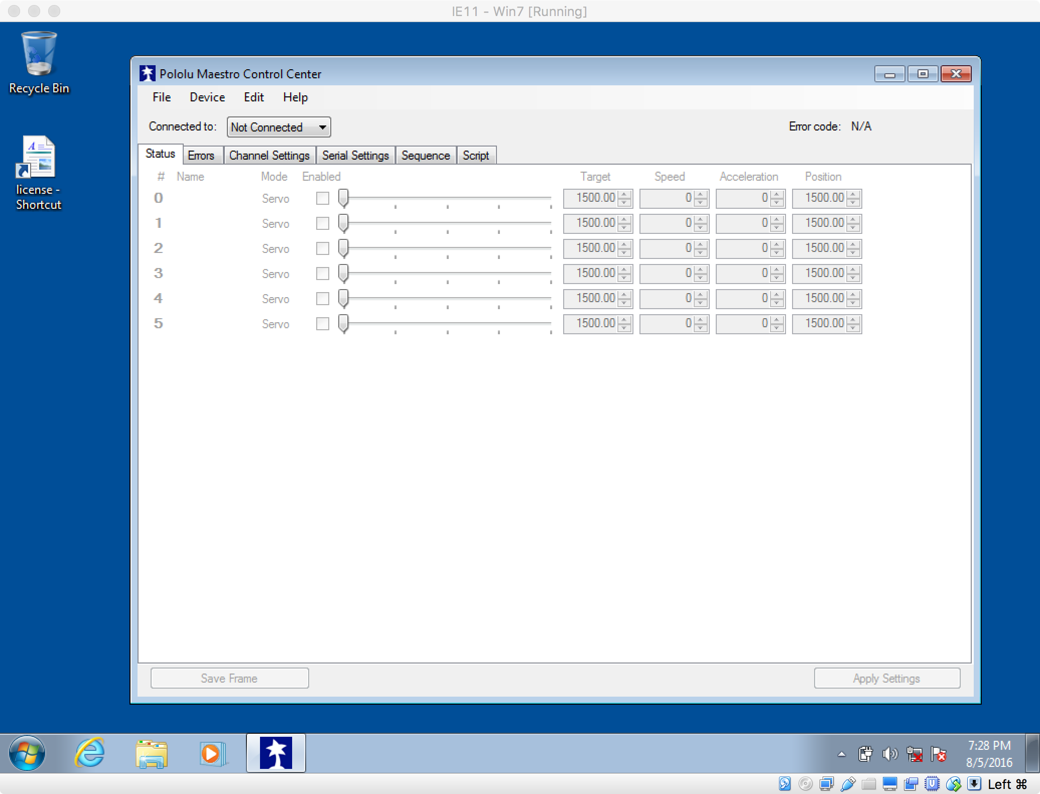 Polulu Maestro Servo Controller Software on Windows 7 VM image in VirtualBox on Mac OS X